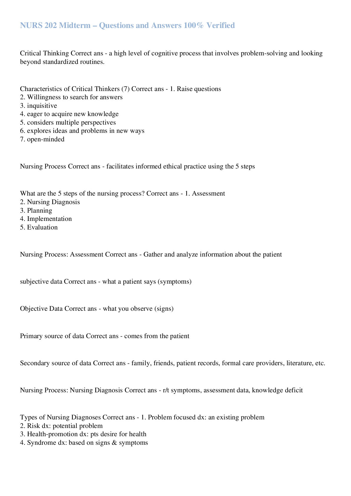 Preview image for NURS 202 Midterm – Questions and Answers 100% Verified